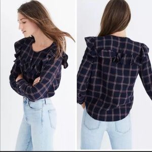 Madewell Plaid Ruffle Yoke Top Navy Burgundy